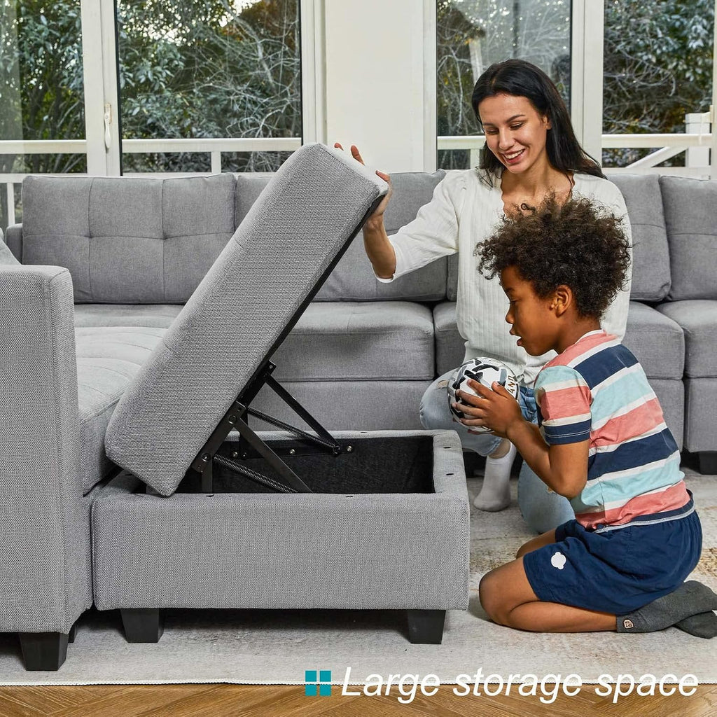 Light Grey L Shape 5-Seat Modular Sectional Sofa with Storage, Reversible Chaise, Adjustable Backrest, Cotton &