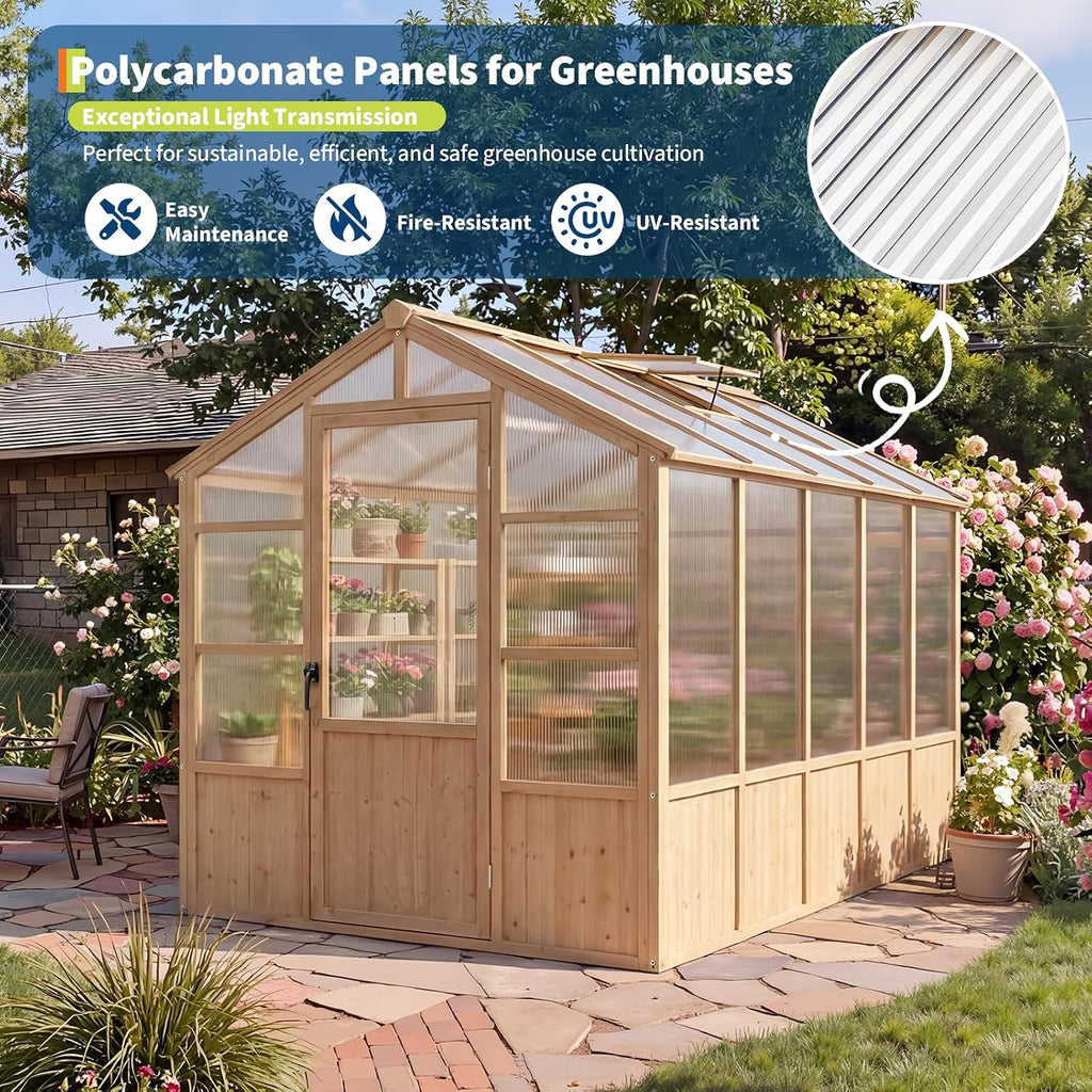 Heavy Duty Walk-in Wooden Greenhouse Kit, 4mm Polycarbonate Panels Green House with Adjustable Vents and Lockable