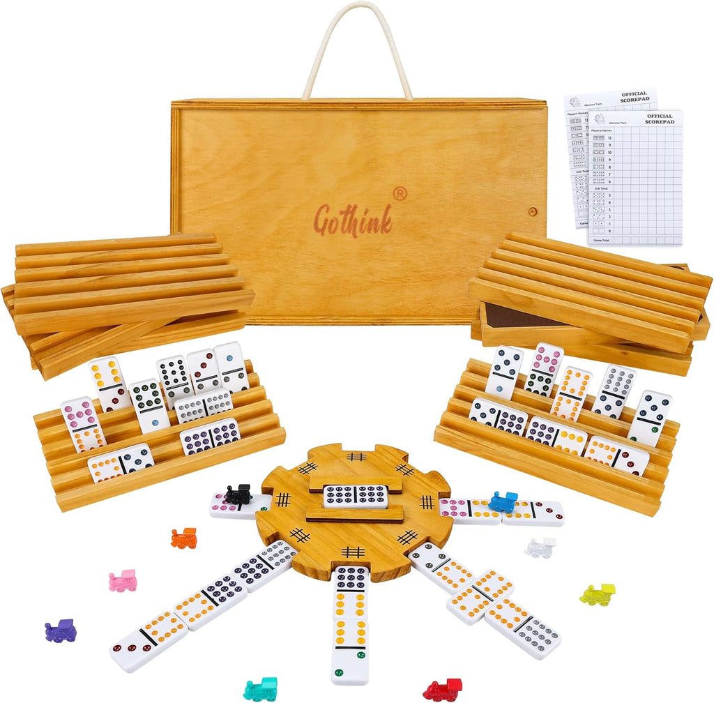 Double 12 Mexican Train Dominoes Set in Wooden Carry Case, Colored Dots Domino Set for Adults Kids and Family