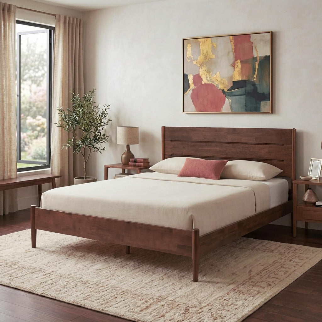 Bed Frame Queen, Premium Solid Wood Platform Bed with Reinforced Frame, Japanese Joinery Bed Frame, Wood Slat