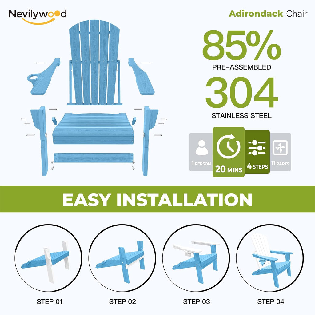 Folding Adirondack Chairs Set of 2, HDPE Cup Holders, Light Blue | Patent pinless folding design, 380lbs, Extended