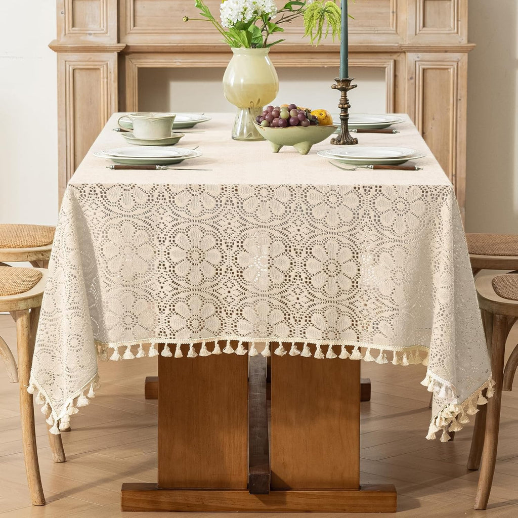 Boho Crochet Tablecloth Rectangle 60 x 84 Inch Beige Farmhouse Handmade Embroidered Cotton Lace Tabl