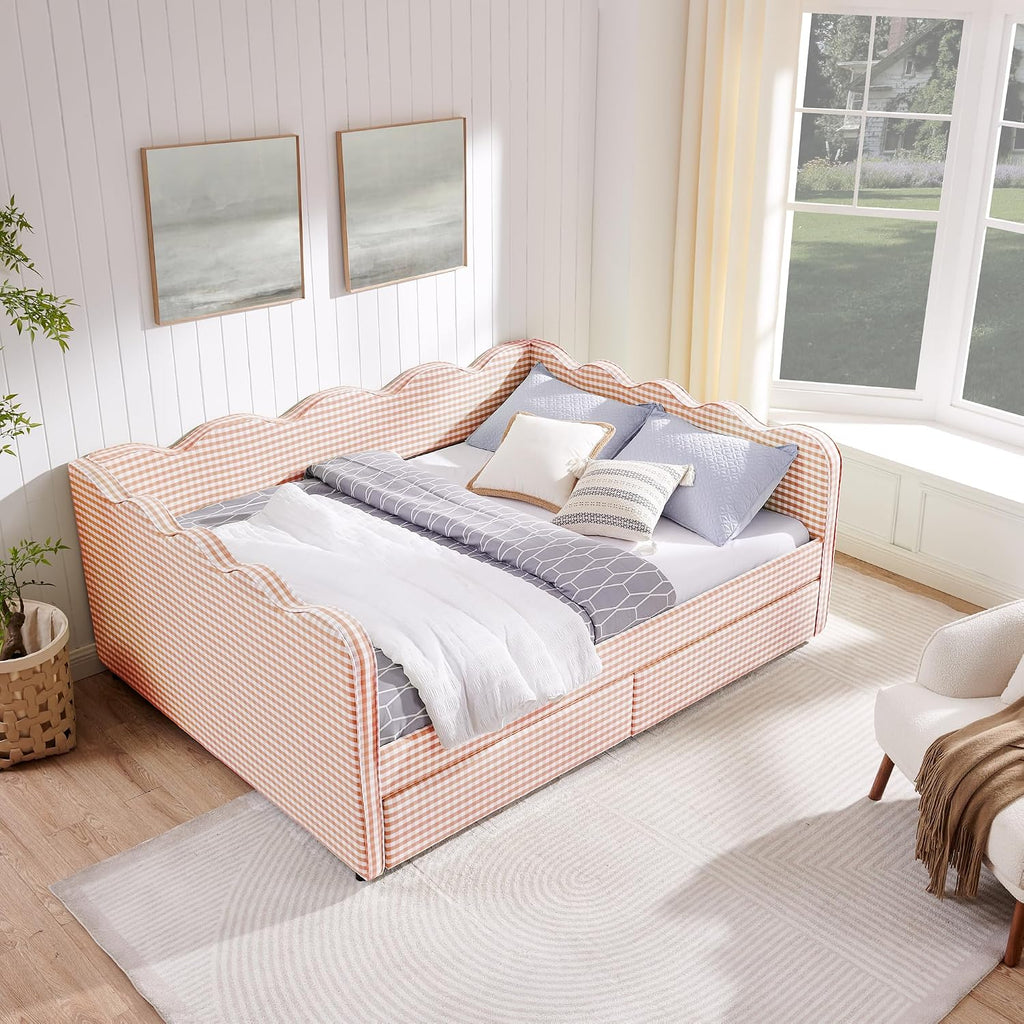 Daybed Queen Size with Two Storage Drawers,Gingham Upholstered Day Bed Frame Queen with USB Port & Wave Shaped