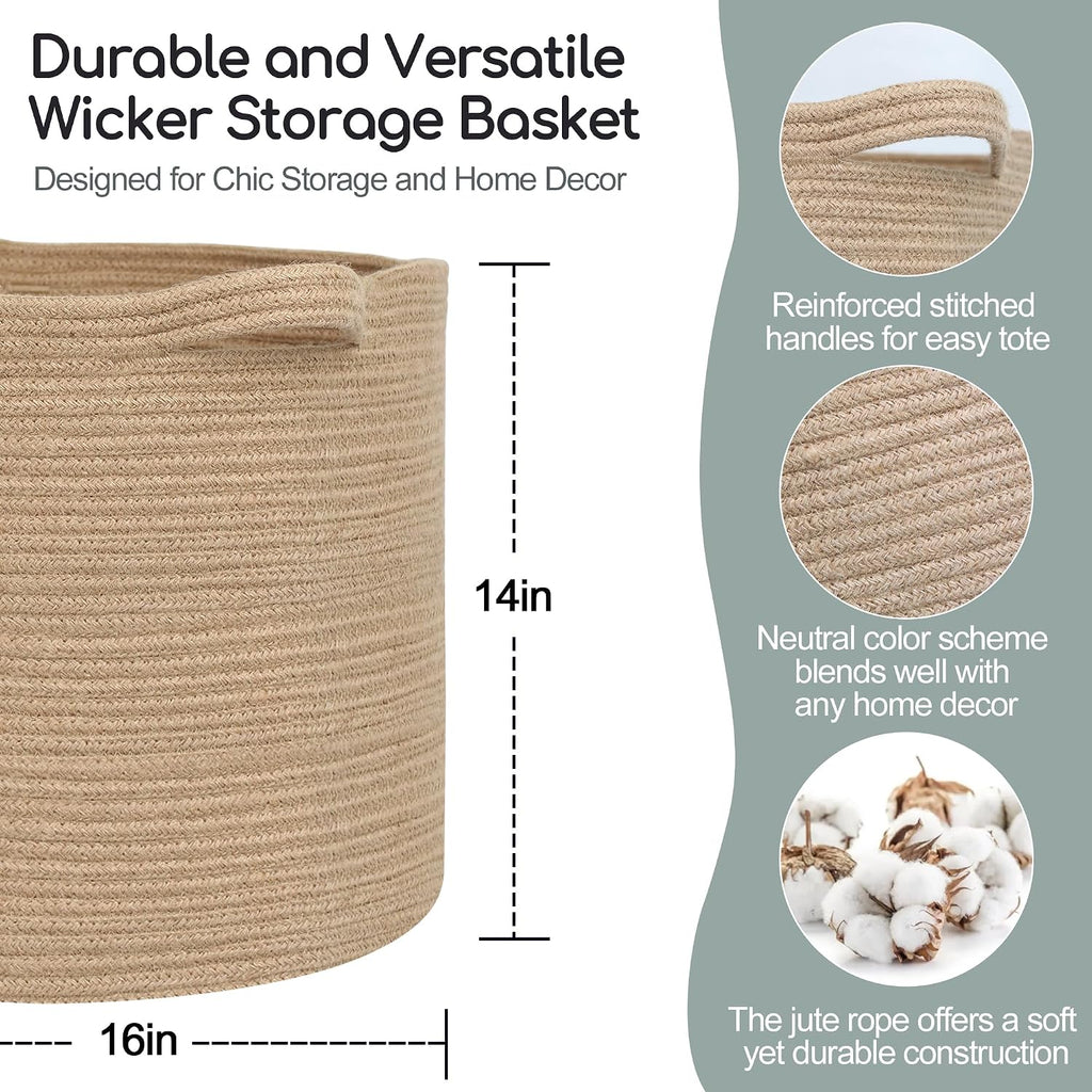 Large Wicker Storage Basket, 16" x 14" Jute Woven Basket with Handle, Living Room Blanket Storage, Big Wicker Laundry