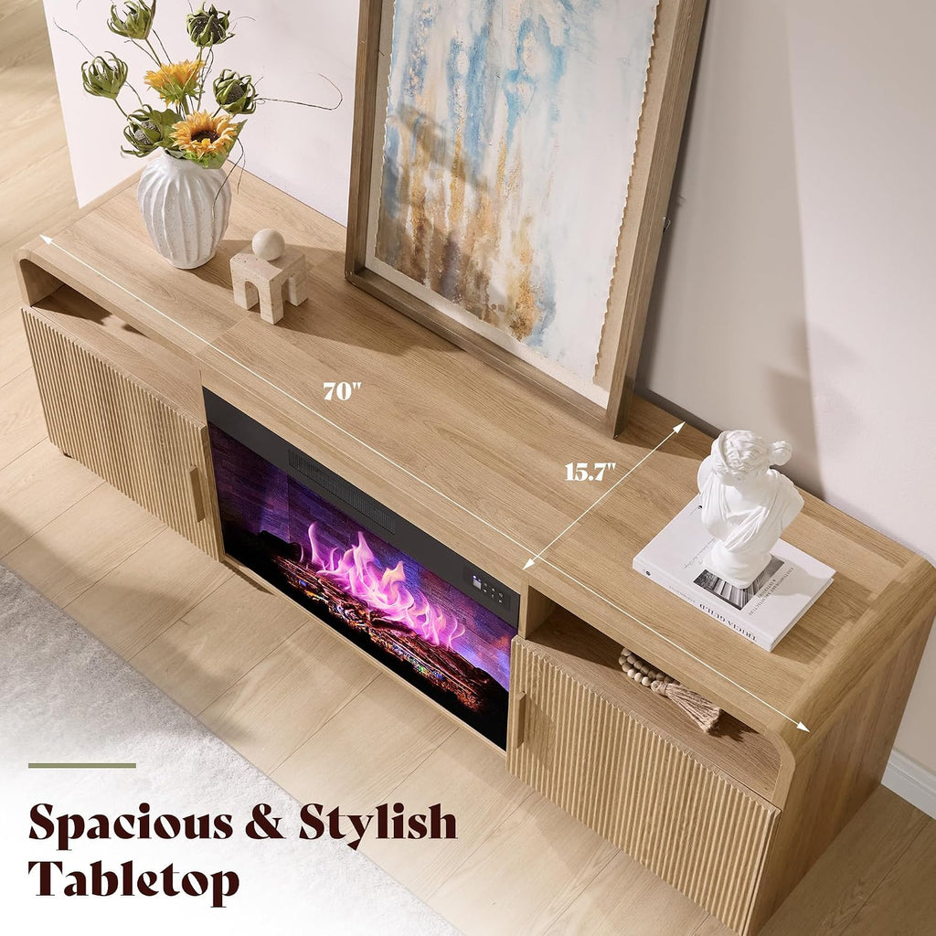 70" Fluted Fireplace TV Stand for TVs Up to 80", Modern TV Console with 30" Electric Fireplace & Storage Cabinets