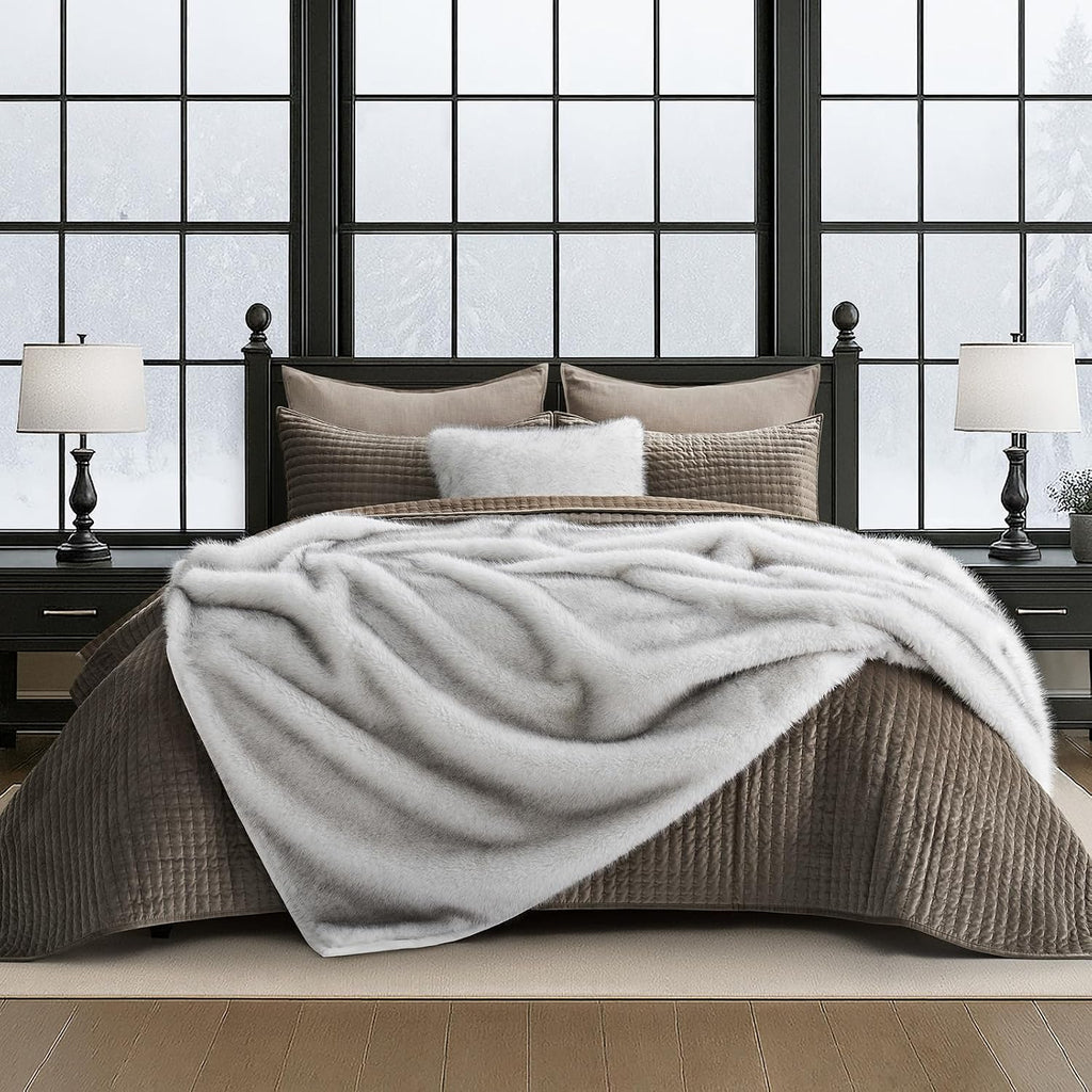 Luxury Faux Fur Throw Blanket, 50"x60", Frosted White Wolf | Fluffy Faux Mink Blanket, Soft Cozy Plush, Thick Warm