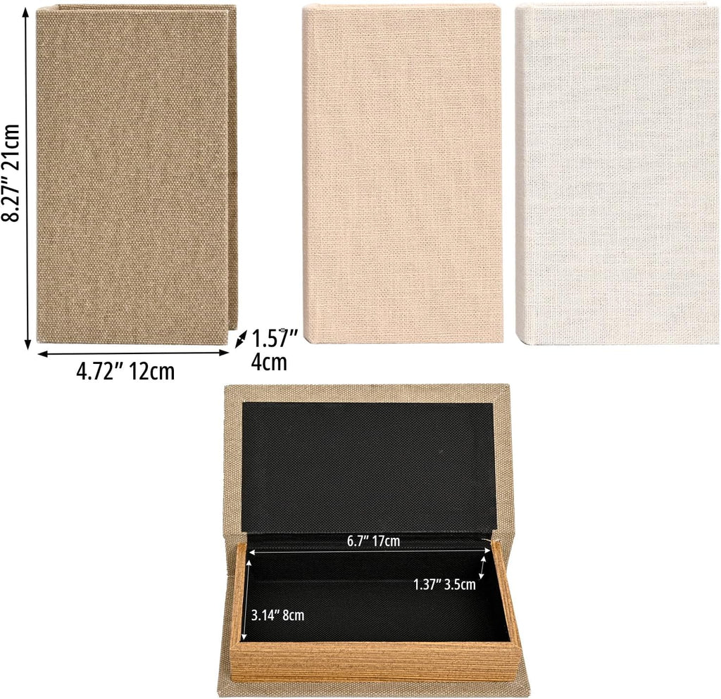 Modern Linen and Wood Decorative Faux Book Boxes Set of 3, 8",Taupe,Beige,Off White