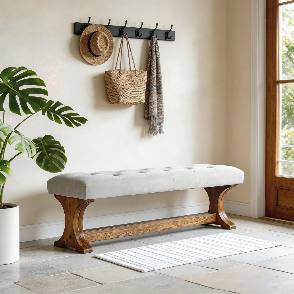 55" Upholstered End of Bed Bench, Solid Wood Tufted Entryway Bench, Farmhouse Ottoman with Cushion , Foot of Bed