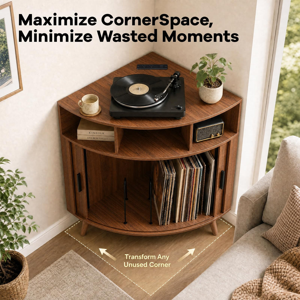 Corner Record Player Stand with Charging Station, Mid Century Modern Vinyl Storage Cabinet with Curved Door, Small