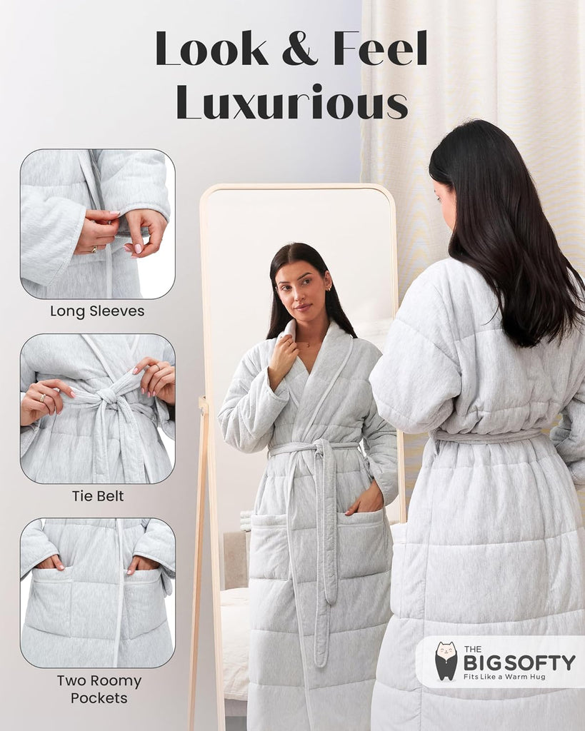 Quilted Luxury Robe For Women - Padded Hotel Spa Duvet Bathrobe - Jersey Cotton Long Length Weighted Bath Robe
