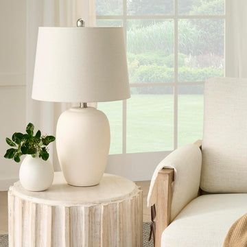 Home 23" Natural White Ceramic Jar Table Lamp, Dining Office, with Off-White Shade