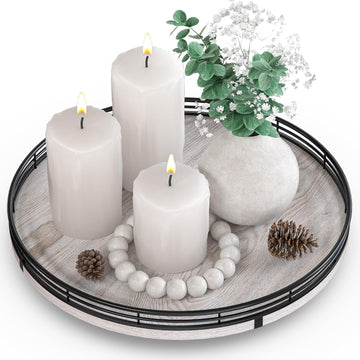 12" Farmhouse Lazy Susan & Coffee Table Decor - Rustic Whitewashed Wood Tray with Black Metal Frame, Decorative