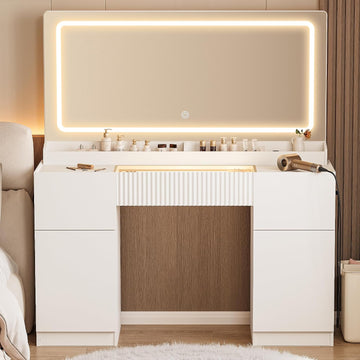 44" Vanity Desk with Large Mirror and Lights, Modern Glass Top Makeup Vanity Set with Power Outlet, 3 Drawers and 2