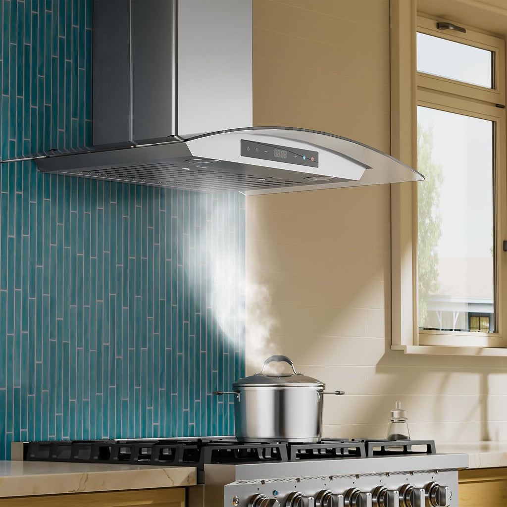 30 Inch Stainless Steel Wall Mount Range Hood 700 CFM 3 Speed Touch Control, LED Lights Convertible Ducted/Ductless