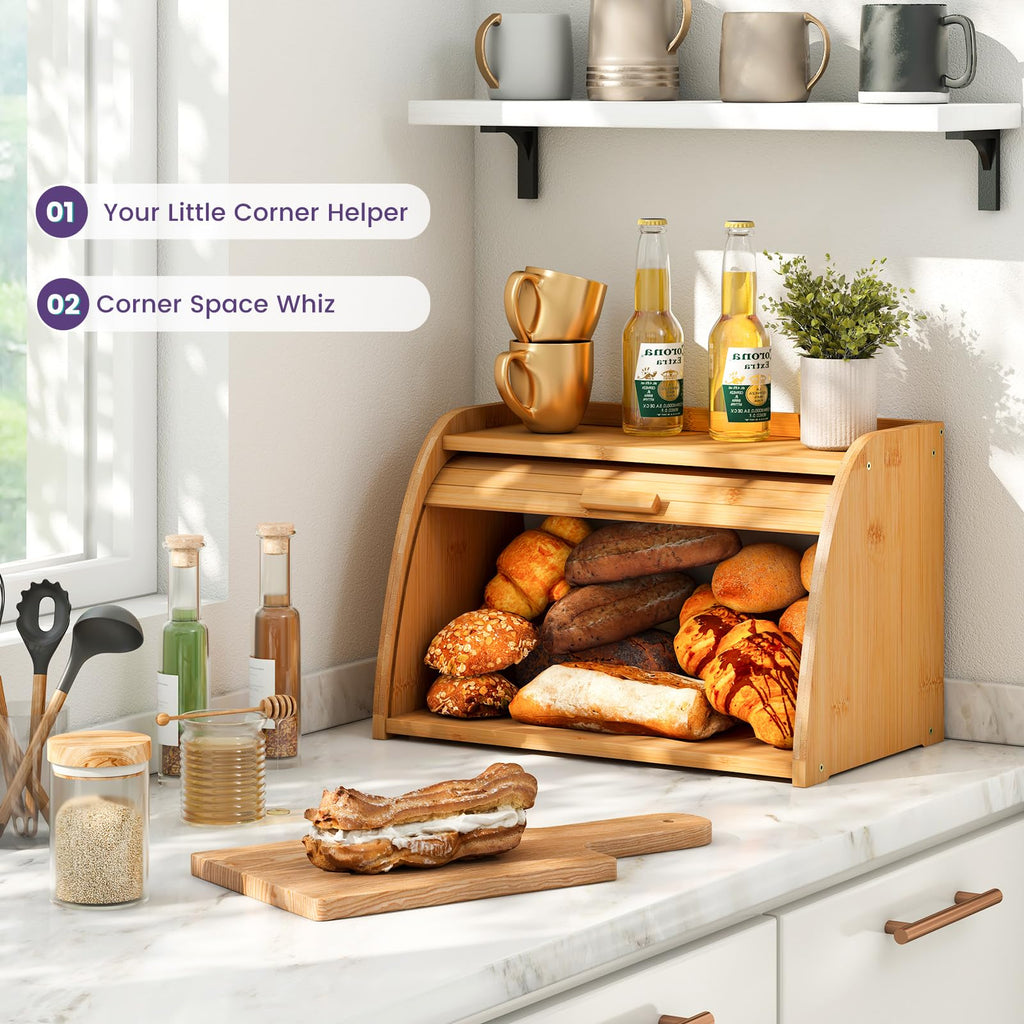 Bread Box - Natural Bamboo Kitchen Storage Roll Top, Countertop