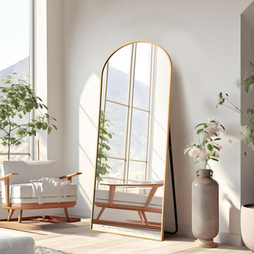56"x19" Arched Full Length Mirror with Stand, Aluminum Alloy Frame Arch-Top Full Body Mirror - Free Standing, Leaning