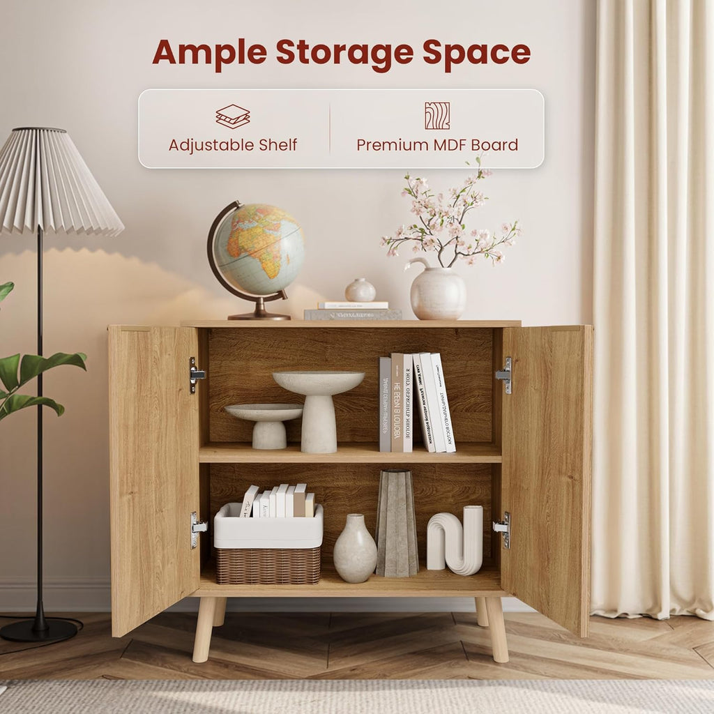 Fluted Storage Cabinet, Sideboard Buffet with Doors and Shelf, Wooden Console Table & Credenza