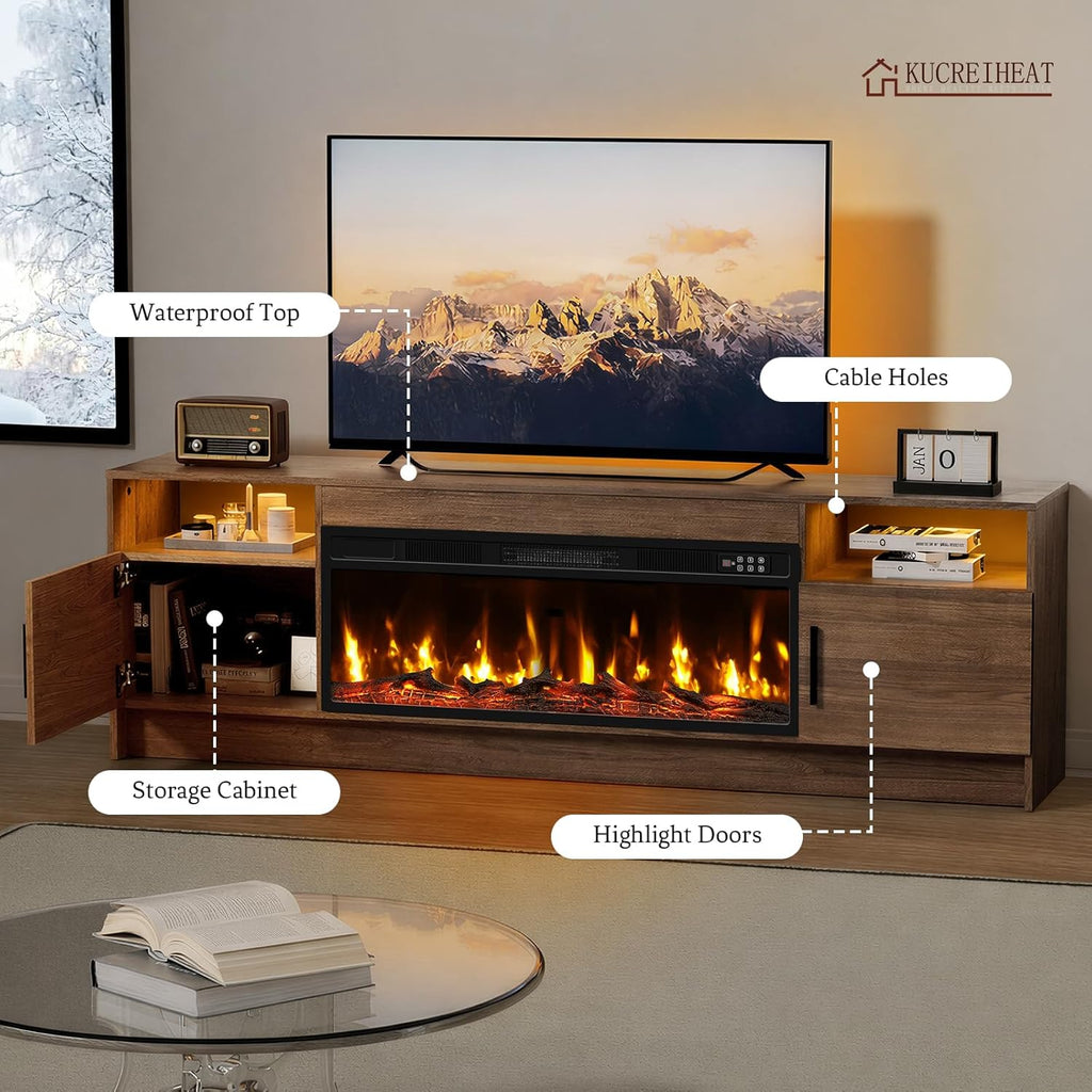 Fireplace TV Stand for 65-80 inch TV, Large Entertainment Center with Fireplace & LED Lights,High Gloss Living Room