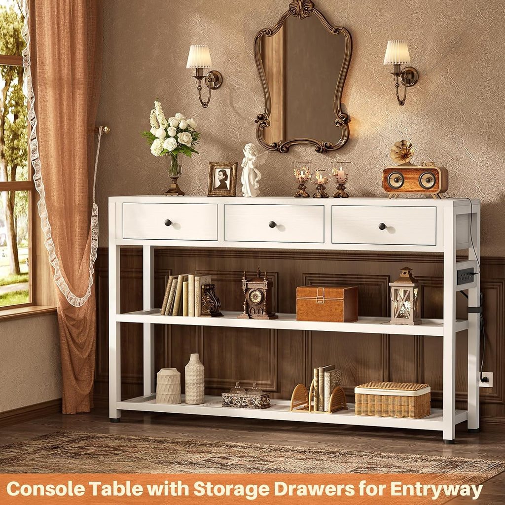 47'' Entryway Table with Outlets and USB Ports, Console Table with 3 Drawers, Sofa Table Narrow Long with Storage