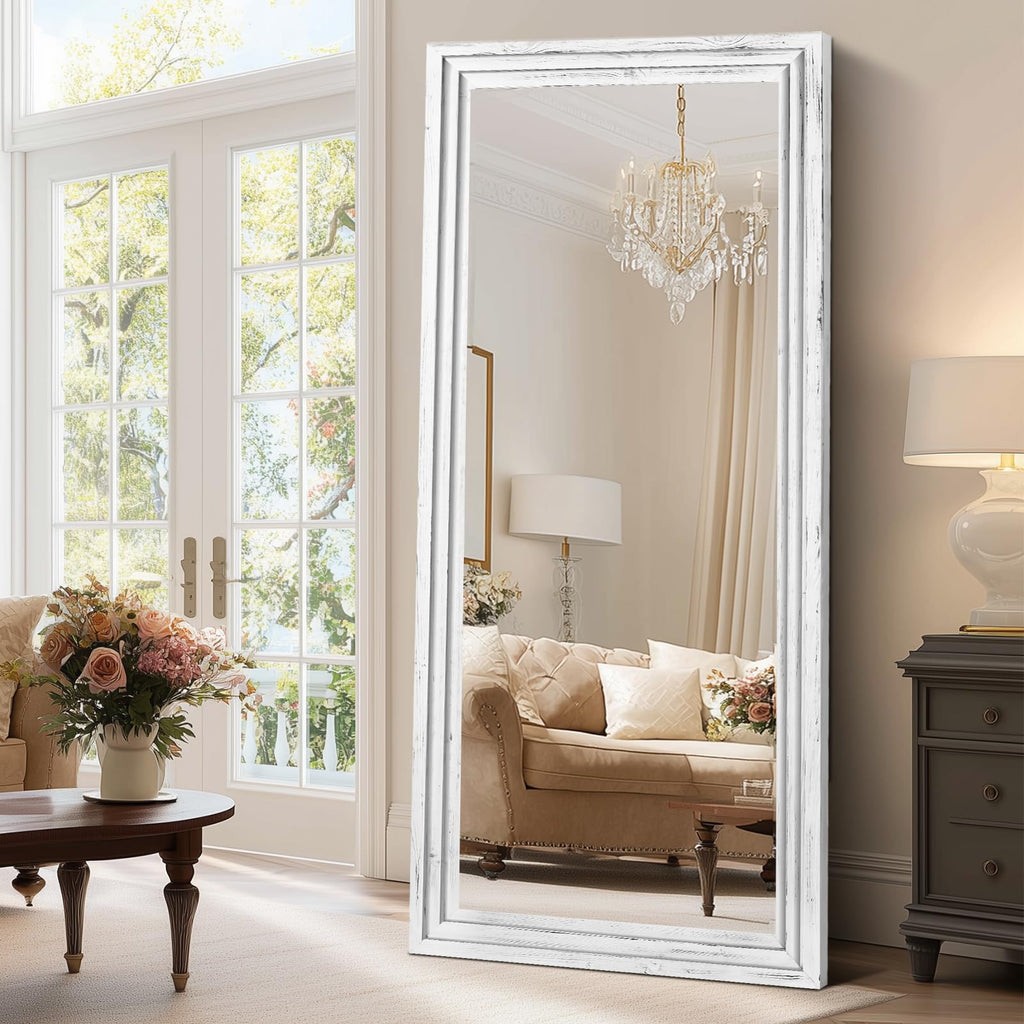 Full Length Mirror, 71 x 30 Inch Solid Wood Floor Mirror, White