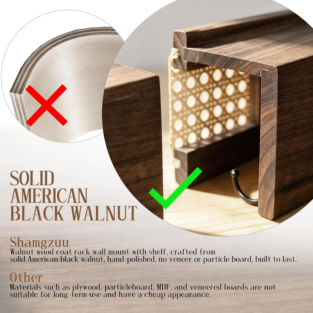 Solid North American Black Walnut Wall Coat Rack with Shelf | Modern wooden entryway wall mount coat rack with rattan