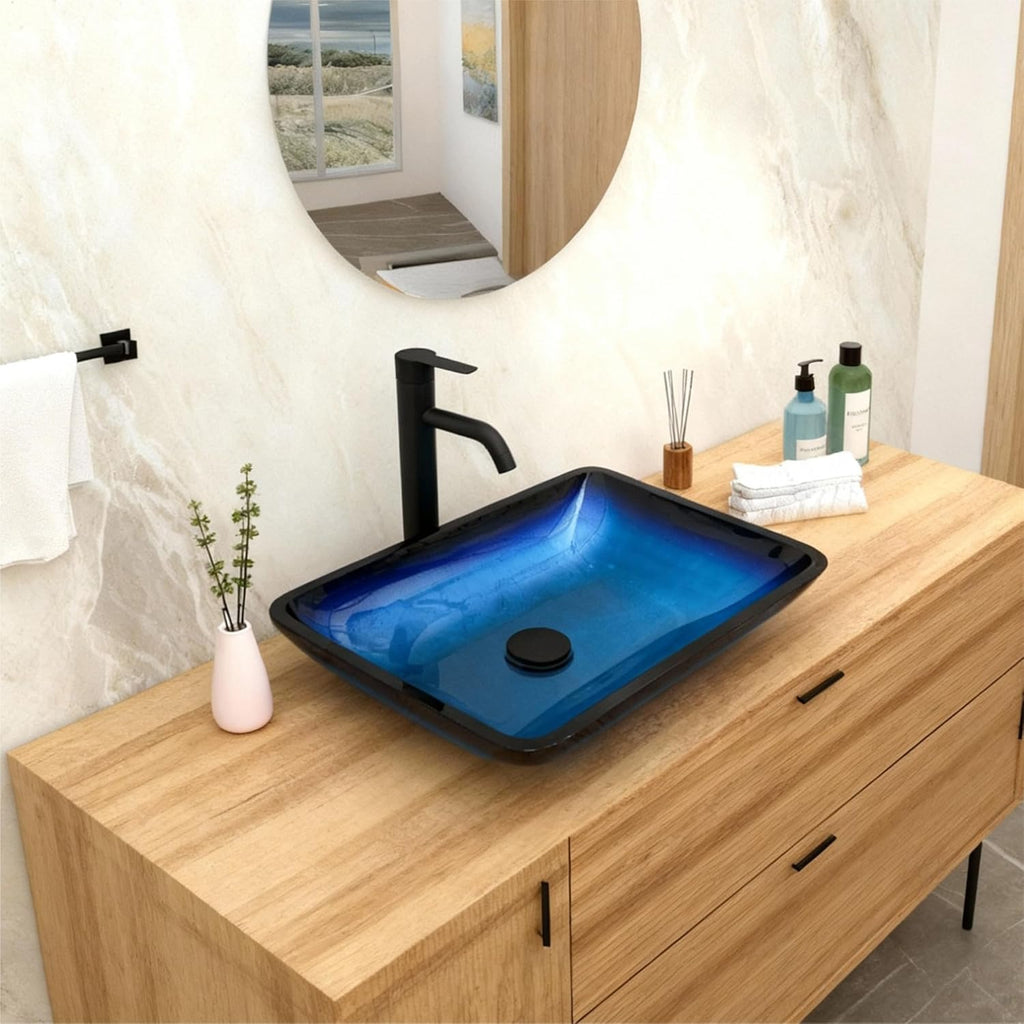 22"×14.25" Vessel Sink, Bathroom Sink Above Counter Amber Blue Gradient Tempered Glass Bowl Square Sink for Bathroom, Tempered Glass Vessel Sink with Pop-up Drain (no Faucet)