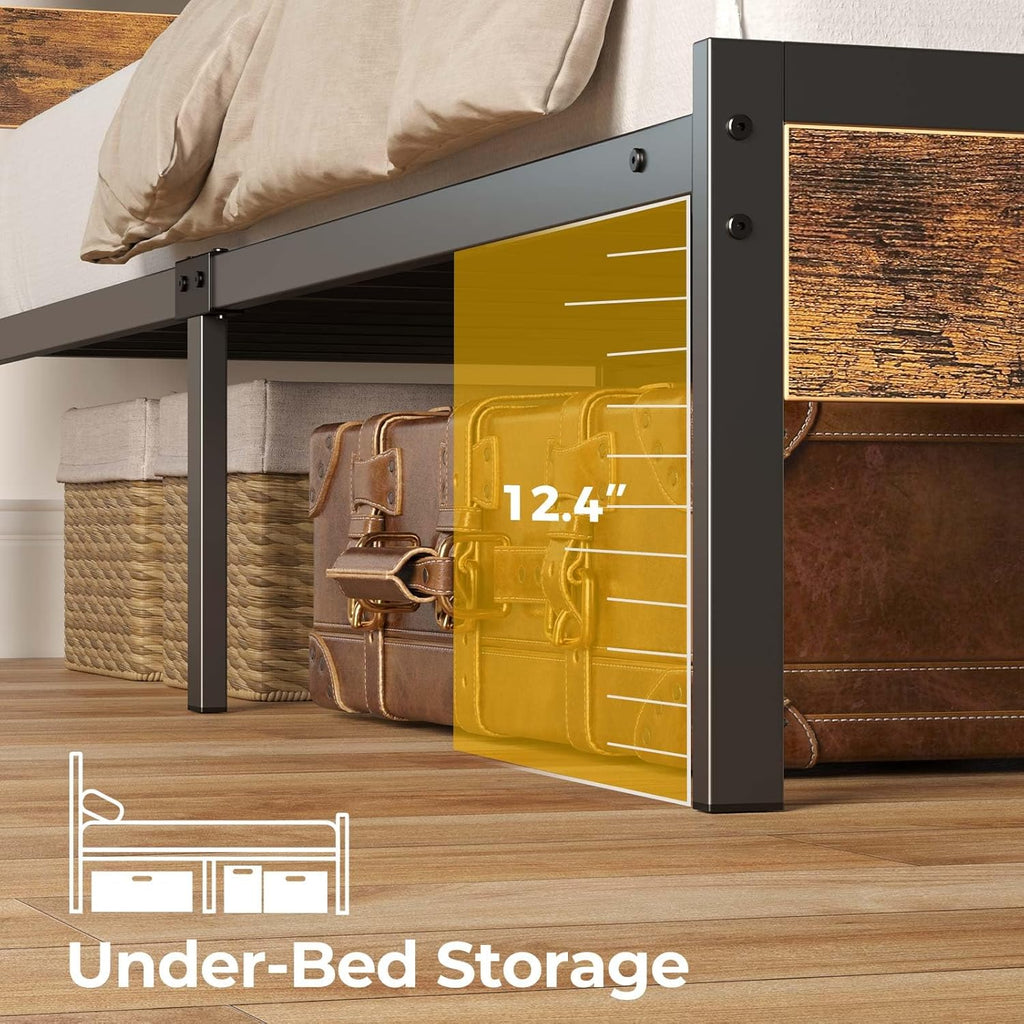Bed Frame Full with USB Charging Station, LED Bed Frame with Wood Storage Headboard
