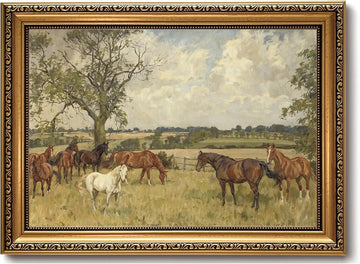 Large Vintage Gold Framed Horse Wall Art, English Countryside Grazing Canvas Print, Ornate Impressionist Landscape