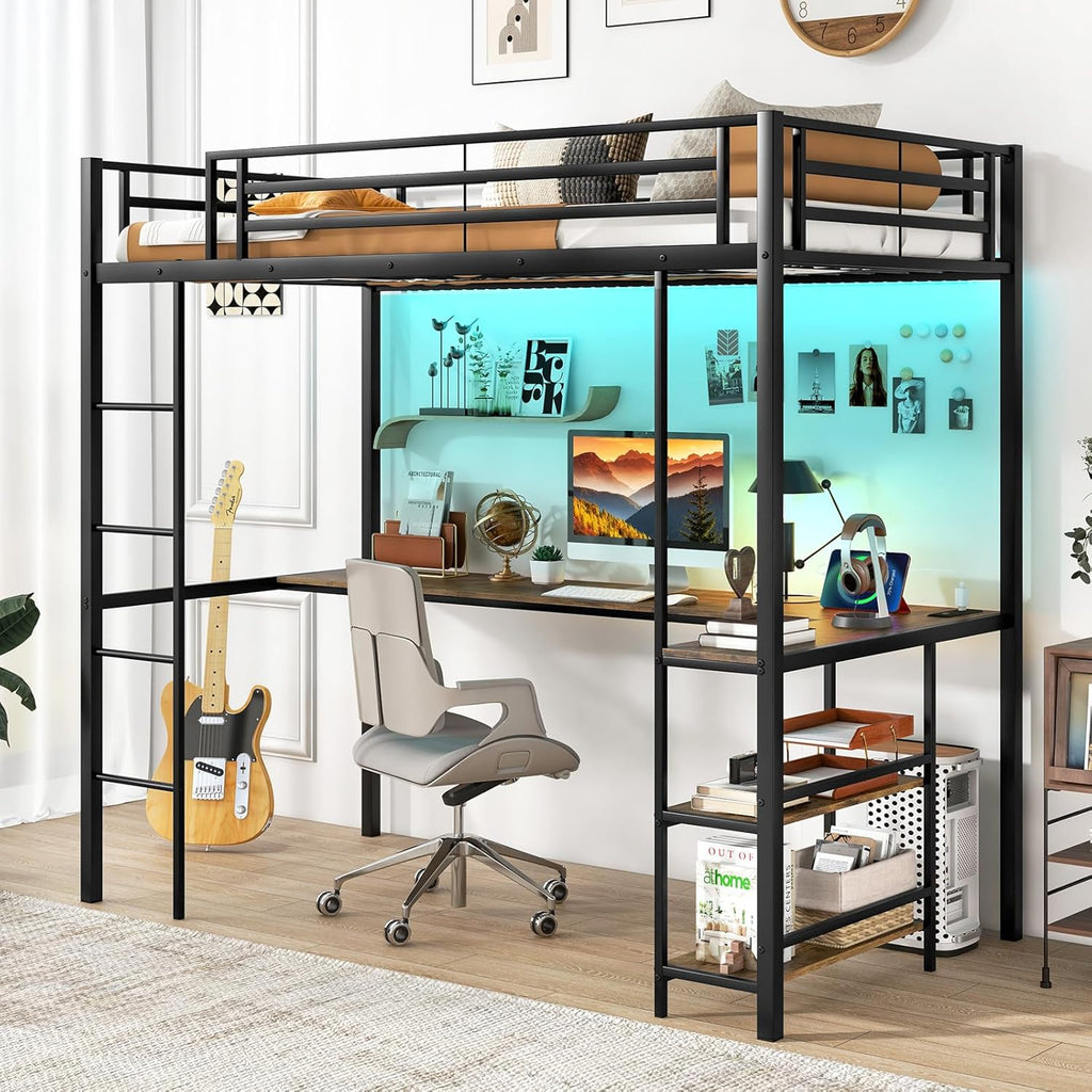 Twin Loft Bed with L-Shaped Desk & Storage Shelves, Metal Loft Bed with Power Outlet & LED Lights, Anti-Tipping Kits