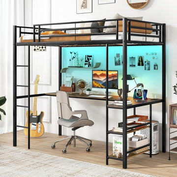 Twin Loft Bed with L-Shaped Desk & Storage Shelves, Metal Loft Bed with Power Outlet & LED Lights, Anti-Tipping Kits