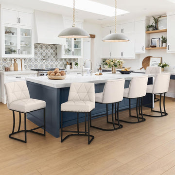 24" Bar Stools Set, Counter Height Bar Stools with 5.5" Thick Cushion, Upholstered Leather Barstools with Metal