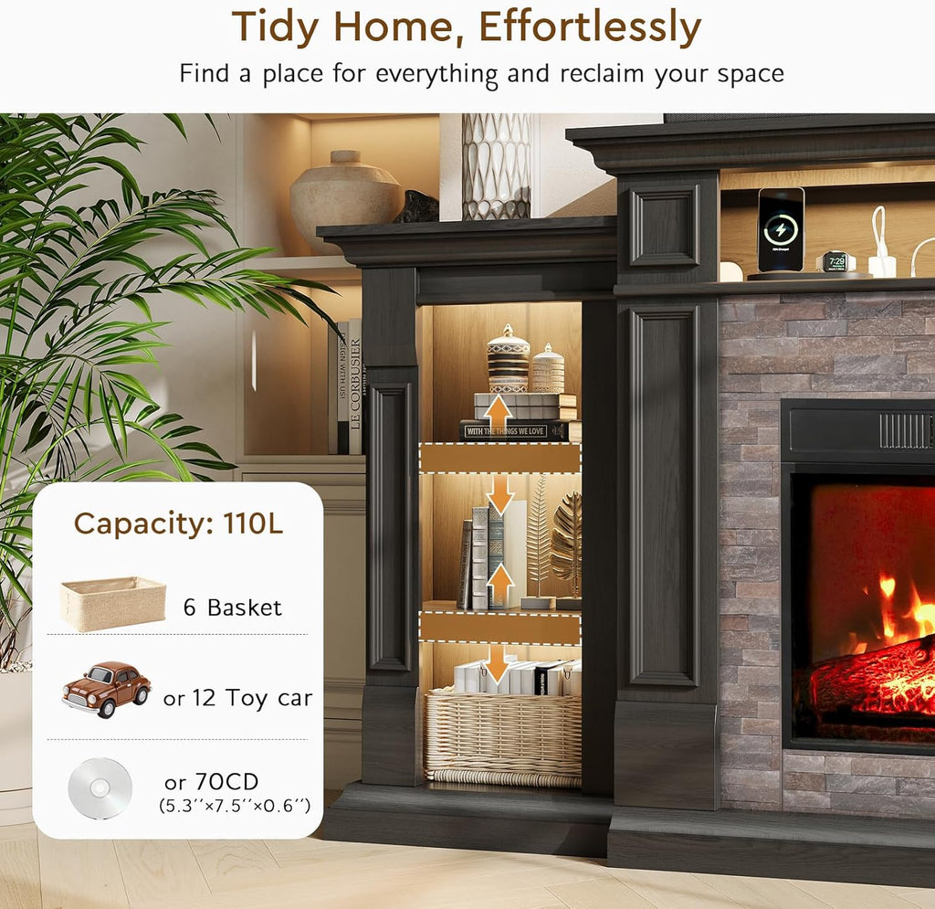 72" LED Fireplace TV Stand with Outlet, Electric Fireplace with Mantel for TVs Up to 80 Inch