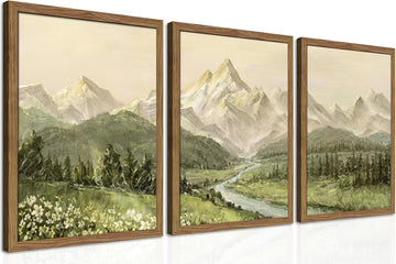 Framed Mountain Wall Art , Green Nature Landscape Canvas Wall Decor Set of 3, Vintage Forest Rustic Farmhouse Prints