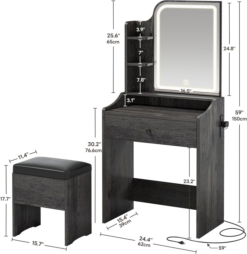 Small Vanity Desk with Mirror Lights and Storage Stool | Charcoal grey compact vanity with 3 light modes, charging