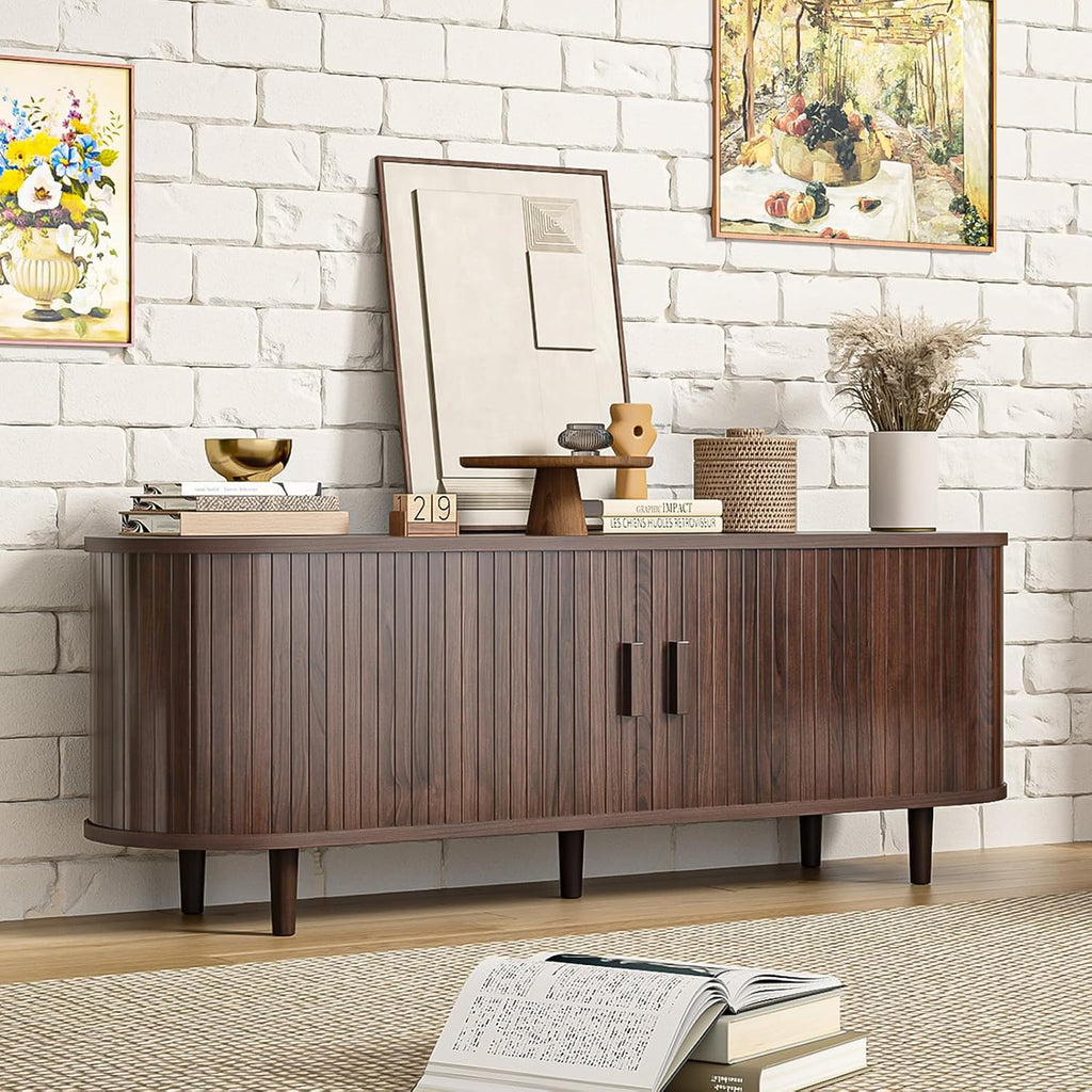 58" Mid Century Modern TV Stand, TV Consoles with Sliding Doors, Wood Entertainment Center with Power Outlet and Adjustable Shelves, Fluted Television Stand for Living Room, Walnut
