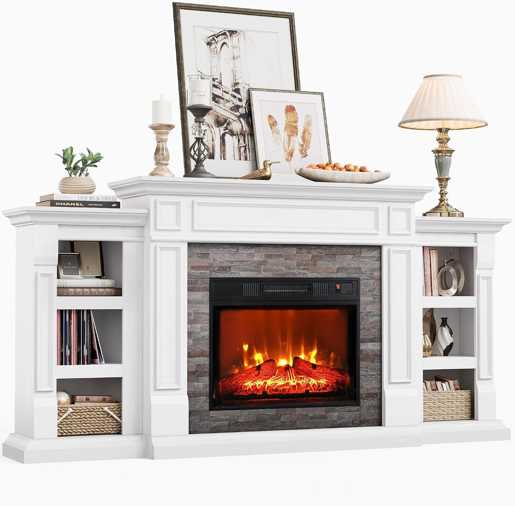 72" Electric Fireplace with Mantel and Cabinets, Fireplace TV Stand for Living Room Bedroom, Stacked Stone Surround