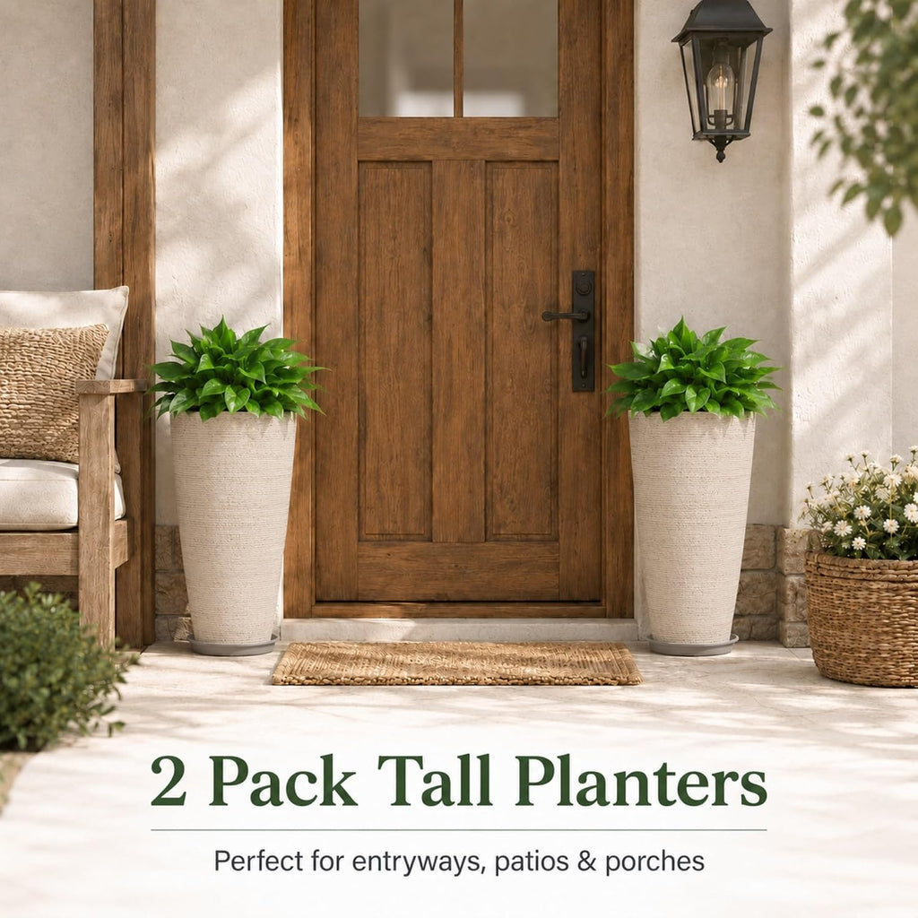 Set of 2 Tall Planter, 21 inch Large Planter, Oat Color | Ceramic-Look, Lightweight, Built-in Drain Hole, Saucers