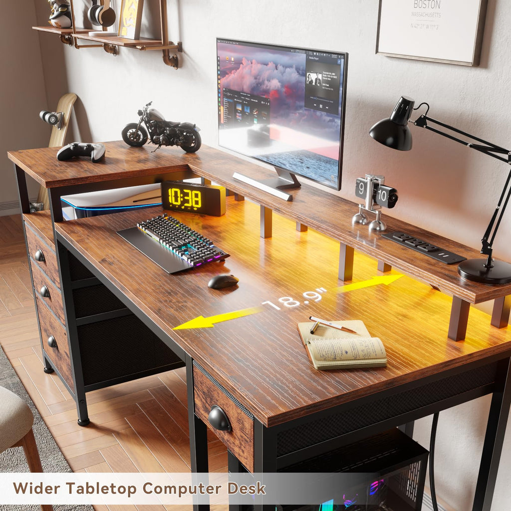 60" Computer Desk with 4 Drawers, Power Outlet, LED, Rustic Brown