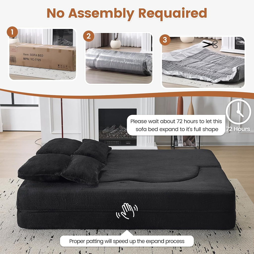 78" Convertible Sofa Bed, Full Size Sleeper Couch, Black | Boneless Folding Loveseat, Deep Seat, Soft Chenille, 4