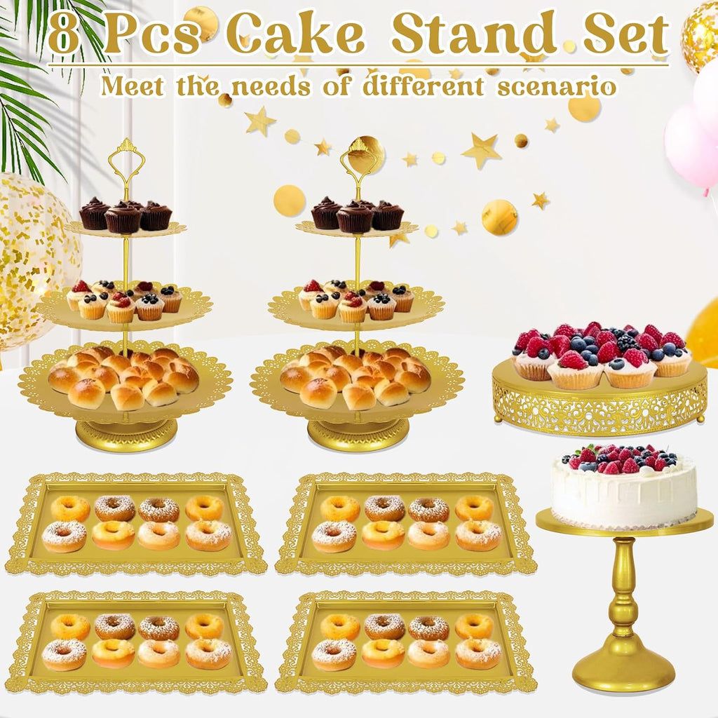 8 Pcs Cake Stand Gold Metal Dessert Table Display Set, 3-Tier Cupcake Stand, Cake Display Tower and Cookie Tray Rack