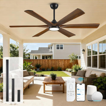 60 Inch Smart Outdoor Ceiling Fan with Lights for Patios, High CFM, Damp Rated 6 Walnut Wood Blades