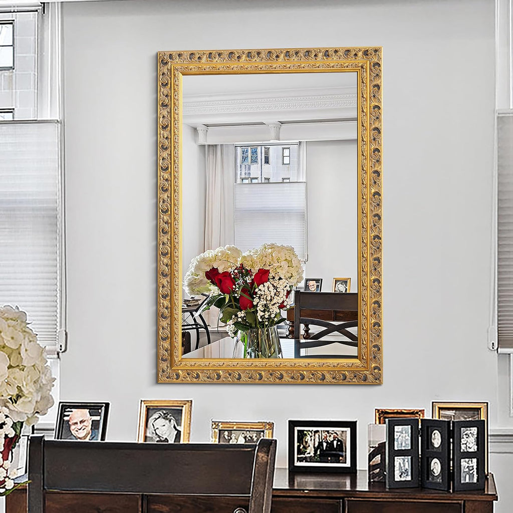 25"x37" Solid Wood Gold Leaf Wall Mirror, Ornate Decor Mirror, Cut-out Carvings Solid Wood Frame