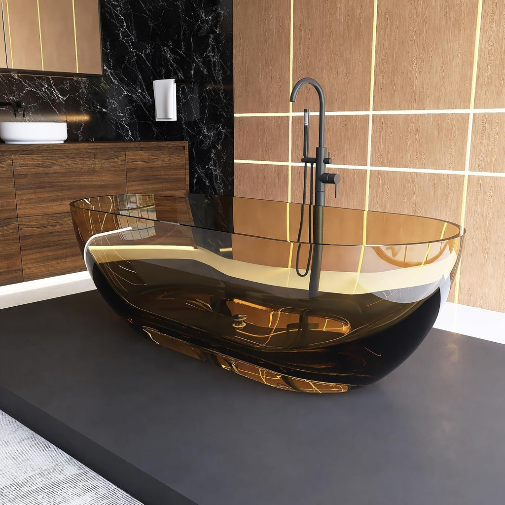 69" Resin Stone Freestanding Bathtub, Solid Surface Modern Freestanding Tub Soaking Stand Alone Tub with