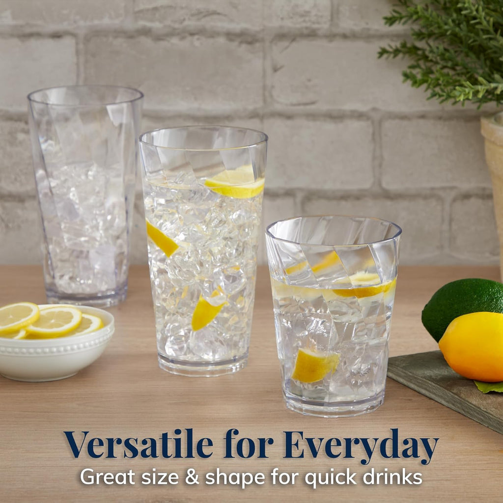 Optix Plastic Reusable Drinking Glasses (Set of 16) 14oz Rocks & 20oz Water Cups in Clear | BPA-Free Tumblers, Made