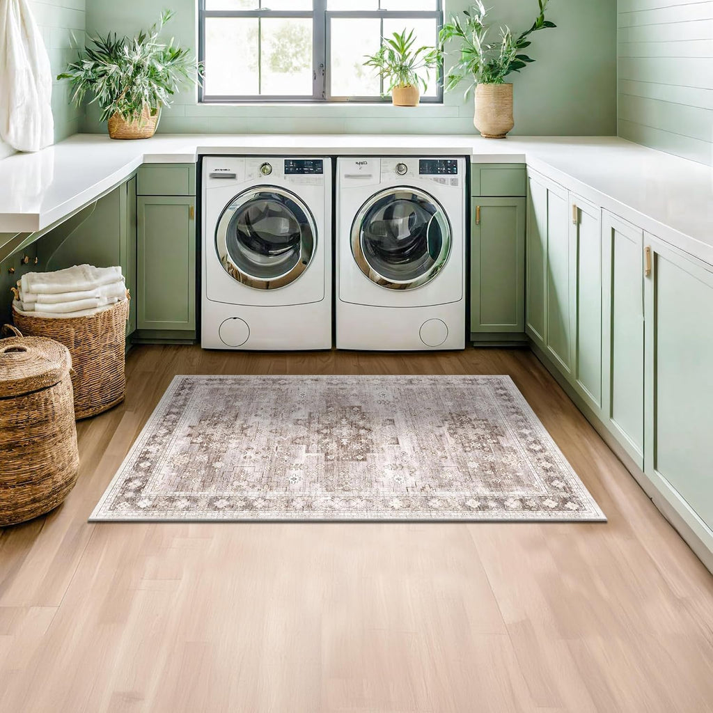 Washable Neutral Farmhouse Large Entryway Rug, 3x5 Area Rugs, Laundry Room, Nursery Room, Boho Vintage Floral