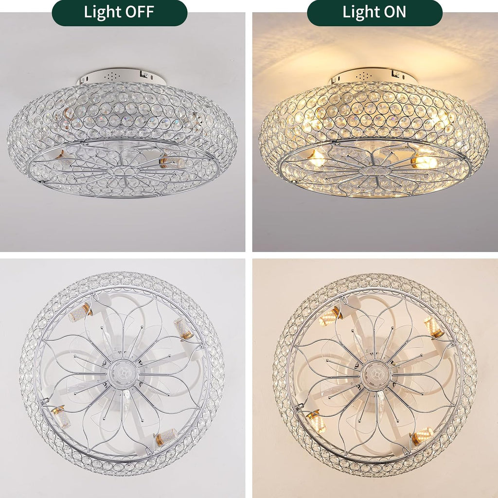 Caged Crystal Ceiling Fans with Lights and Remote,20" Flush Mount Low Profile Ceiling Fan with Light