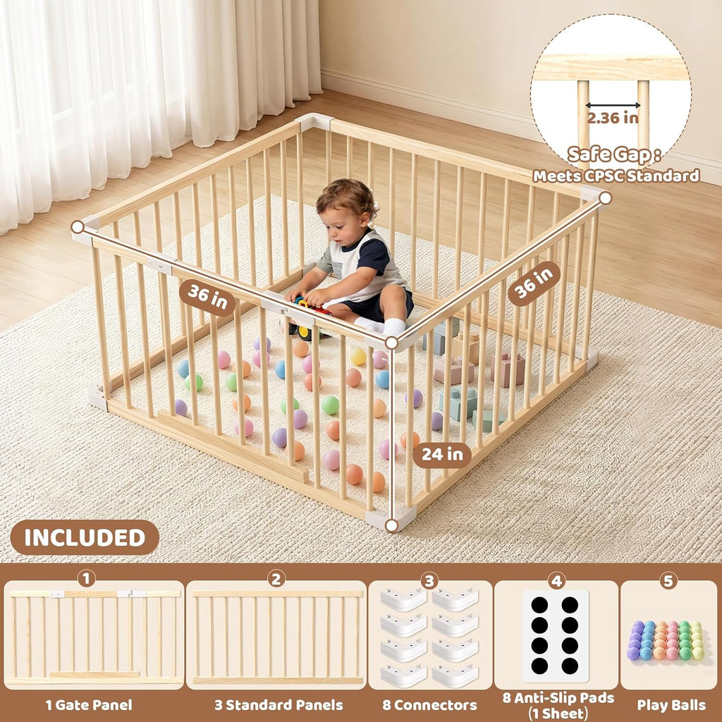 Small Wooden Baby Playpen, 36x36x24 Inch with Dual-Lock Safety Gate | Easy Assembly Activity Center, Space-Saving