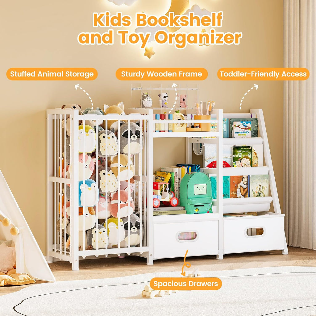Kids Bookshelf and Toy Storage Organizer with Drawers, 49.3"W×11.8"Dx30.3"H | 3-Tier Book Shelves, 2 Drawers, Stuffed