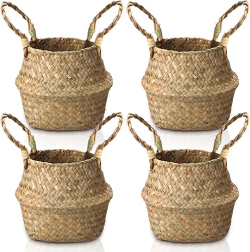 4 Pcs Woven Seagrass Baskets Belly Basket Folding Boho Natural Plant Pot with Handles Round Decorative Wicker Large