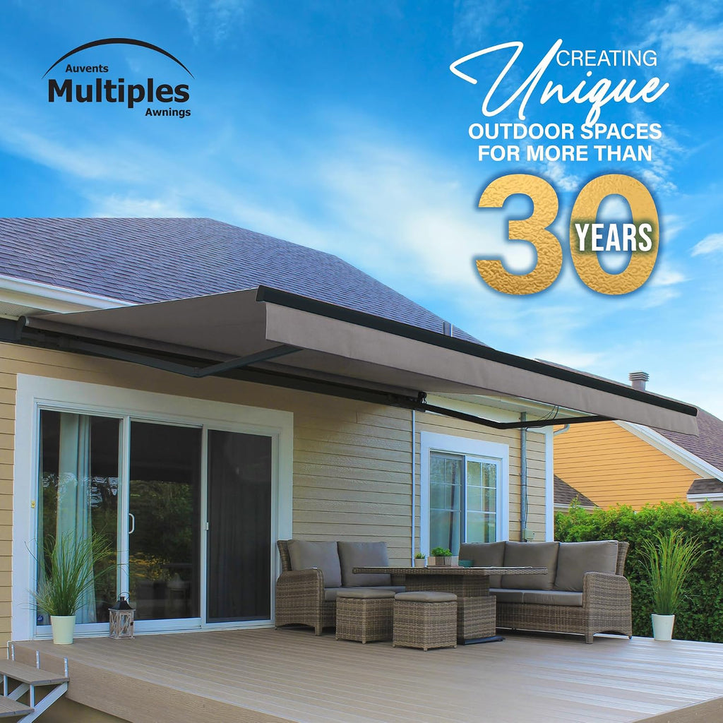 Motorized Awning Outdoor Retractable with Black Structure,15ft Electrical Cord, Remote Control & Wind Sensor, UV